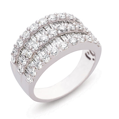 This Fashion Ring is available in 14K White Gold. There are a total of 67 stones. There are Baguette with a total carat weight of 0.95 set in a  setting.There are Rounds stones with a total carat weight of 1.32 set in a .