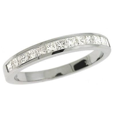 This Band is available in 14K White Gold. There are a total of 14 stones. There are Princess with a total carat weight of 0.65 set in a Channel Set setting.