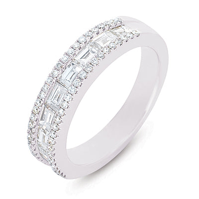 This Fashion Ring is available in 14K White Gold. There are a total of 63 stones. There are Baguette with a total carat weight of 0.87 set in a Channel Set|Micro Prong setting.There are Rounds stones with a total carat weight of 0.26 set in a Channel Set|Micro Prong.