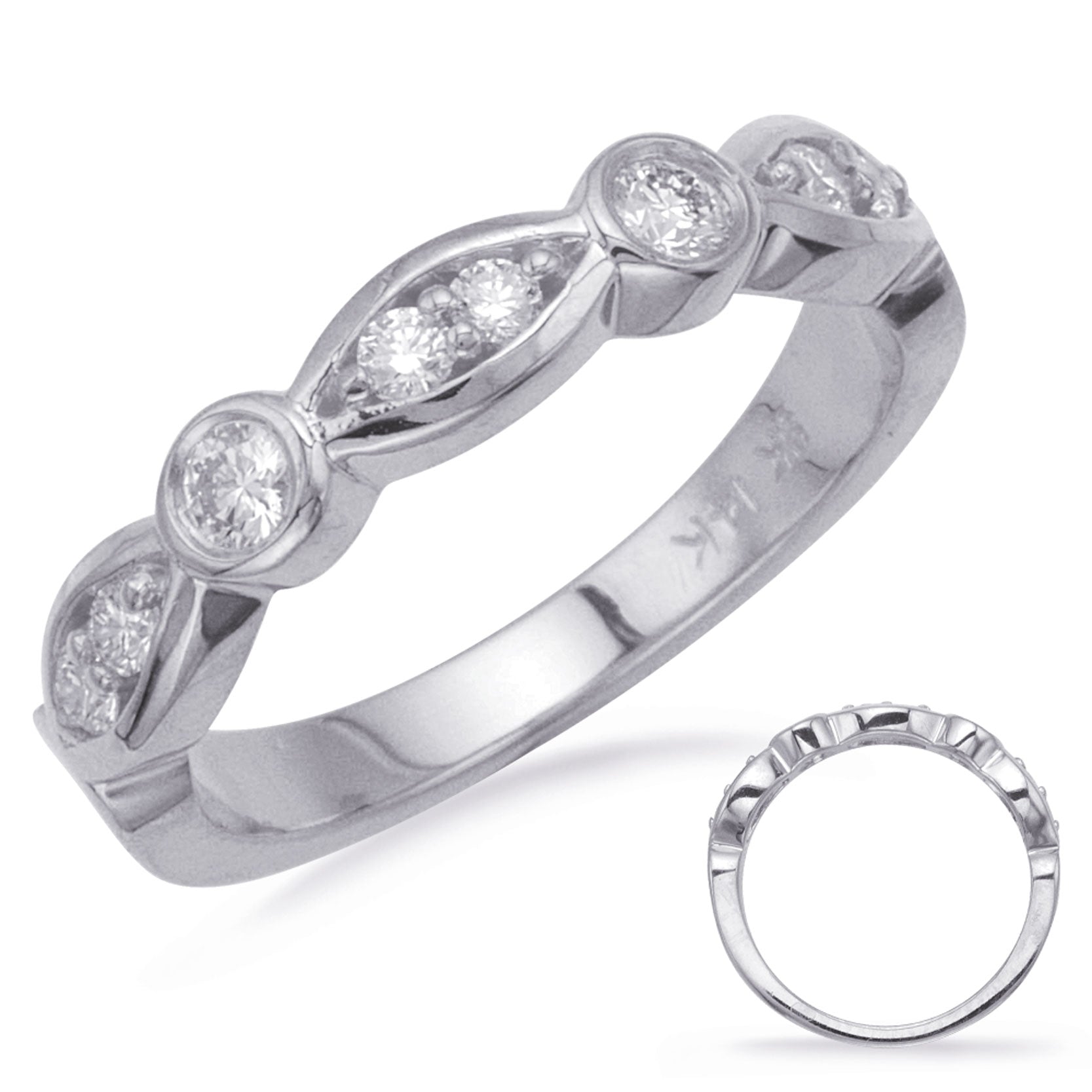 This Band is available in 14K White Gold. There are a total of 8 stones. There are Round with a total carat weight of 0.32 set in a  setting.