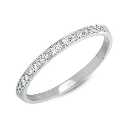 This Band is available in 14K White Gold. There are a total of 17 stones. There are Round with a total carat weight of 0.15 set in a Micro Pave setting.