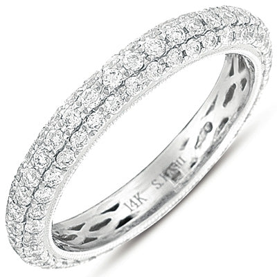 This Band is available in 14K White Gold. There are a total of 117 stones. There are Round with a total carat weight of 0.96 set in a  setting.