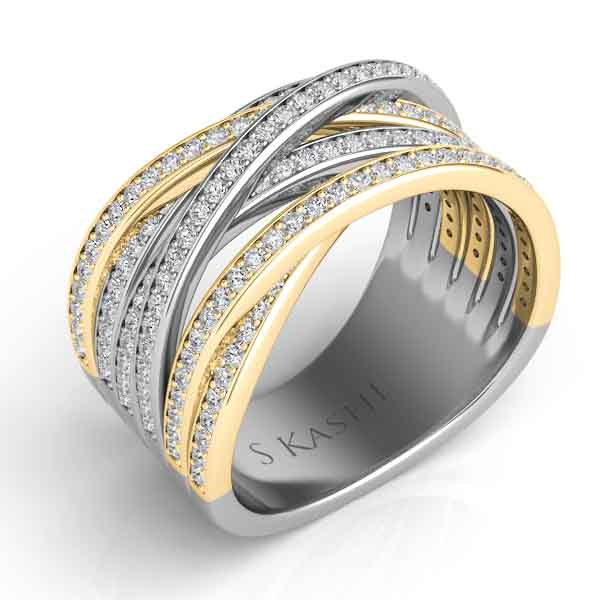 This Fashion Ring is available in 14K Yellow & White Gold. There are a total of 186 stones. There are Rounds with a total carat weight of 1.25 set in a Micro Pave setting.