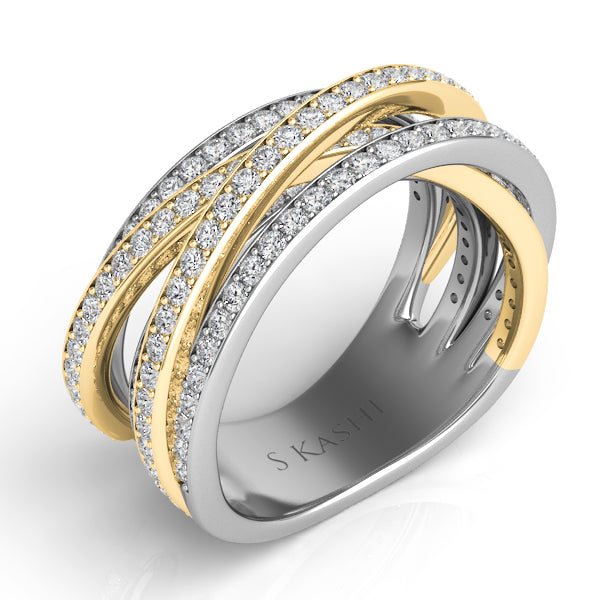 This Fashion Ring is available in 14K Yellow & White Gold. There are a total of 153 stones. There are Rounds with a total carat weight of 1.11 set in a Micro Pave setting.