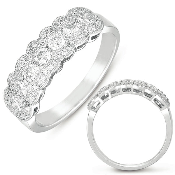 This Fashion Ring is available in 14K White Gold. There are a total of 57 stones. There are Rounds with a total carat weight of 0.68 set in a Channel Set|Micro Pave setting.