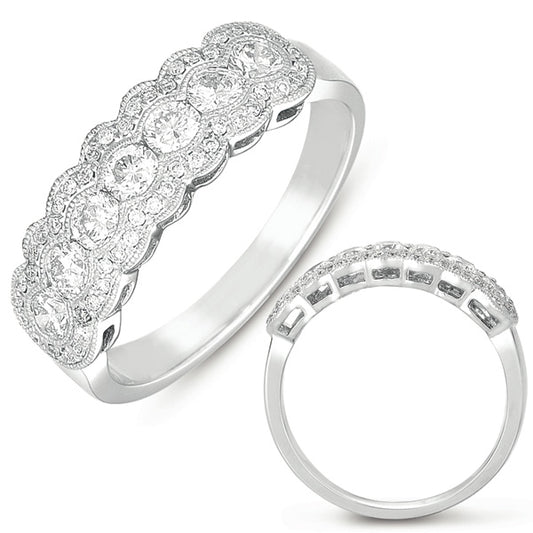 This Fashion Ring is available in 14K White Gold. There are a total of 57 stones. There are Rounds with a total carat weight of 0.68 set in a Channel Set|Micro Pave setting.