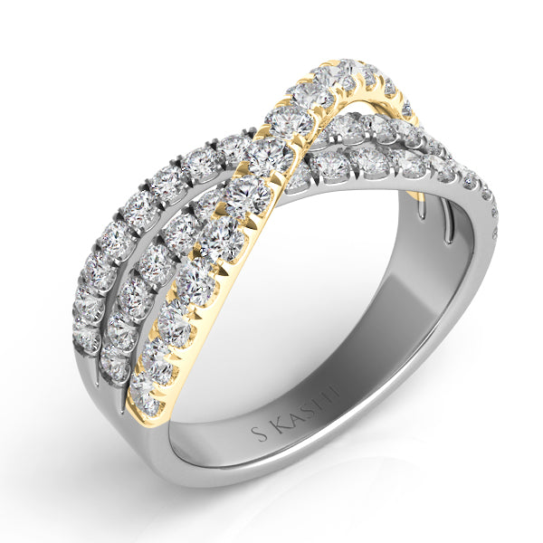 This Fashion Ring is available in 14K Yellow & White Gold. There are a total of 46 stones. There are Rounds with a total carat weight of 1.03 set in a Micro Prong setting.