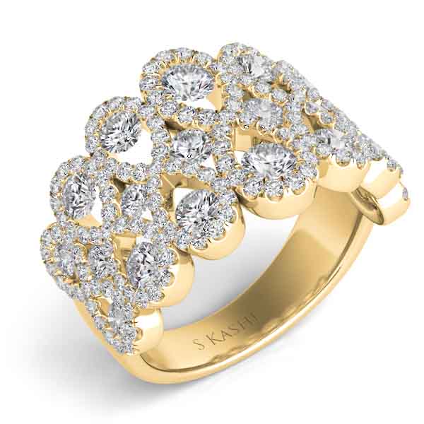 This Fashion Ring is available in 14K Yellow Gold. There are a total of 171 stones. There are Rounds with a total carat weight of 2.23 set in a Channel Set|Micro Prong setting.