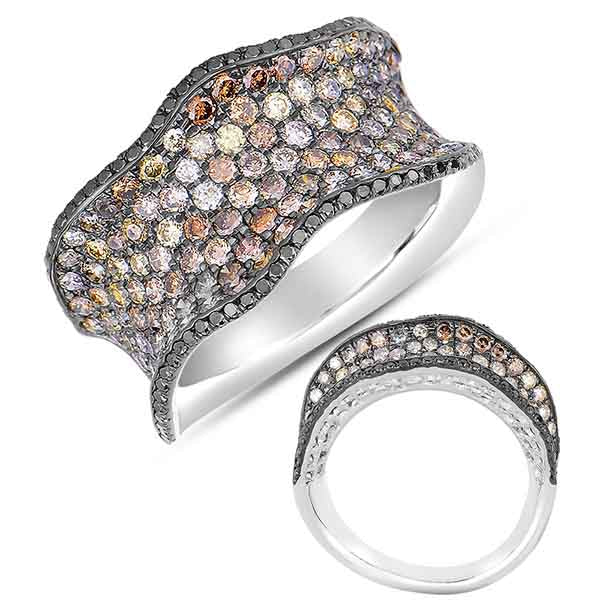 This Fashion Ring is available in 14K White Gold. There are a total of 196 stones. There are Black Diamonds with a total carat weight of 0.21 set in a Micro Pave setting.There are Champagne Diamonds stones with a total carat weight of 1.87 set in a Micro Pave.