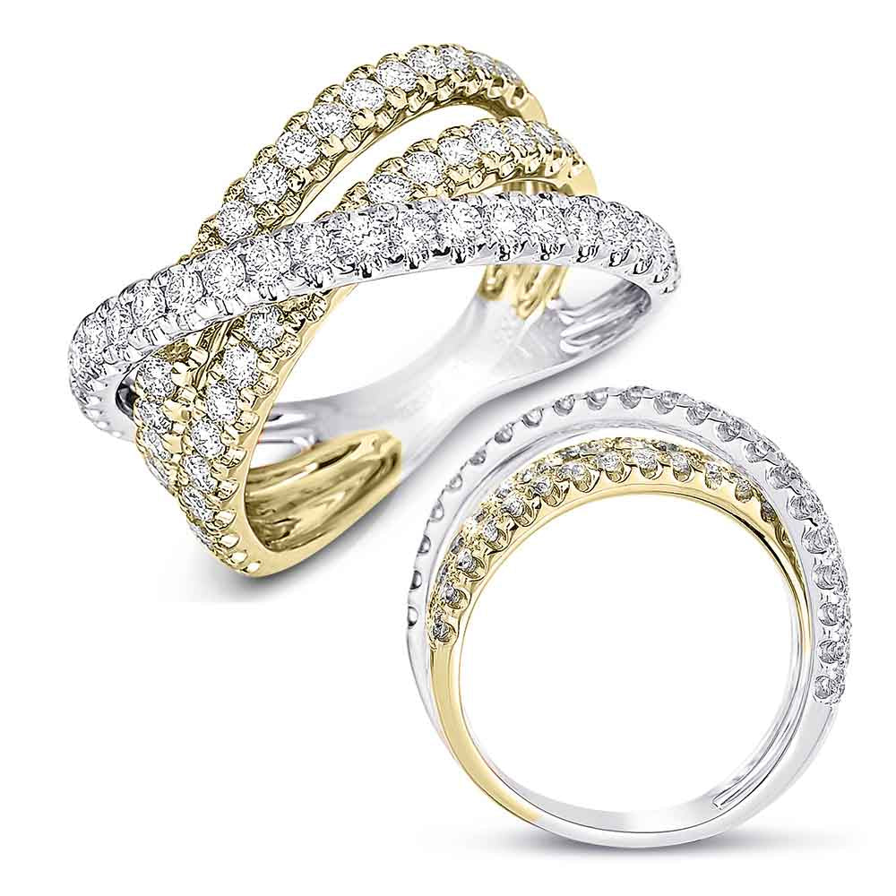 This Fashion Ring is available in 14K Yellow & White Gold. There are a total of 60 stones. There are Rounds with a total carat weight of 1.23 set in a Prong Set setting.