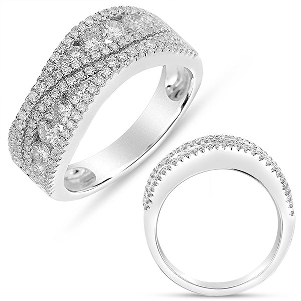 This Fashion Ring is available in 14K White Gold. There are a total of 132 stones. There are Rounds with a total carat weight of 1.1 set in a Channel Set|Micro Prong setting.