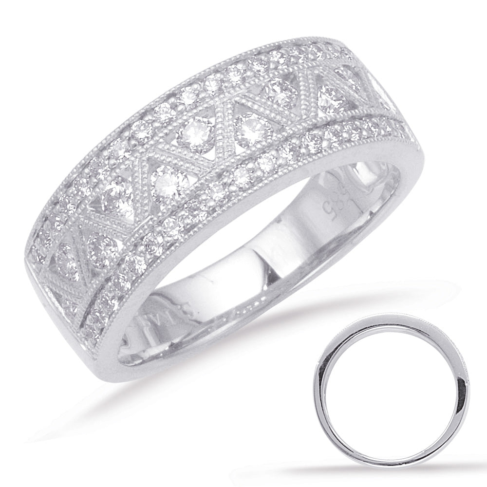 This Fashion Ring is available in 14K White Gold. There are a total of 47 stones. There are Rounds with a total carat weight of 0.6 set in a  setting.
