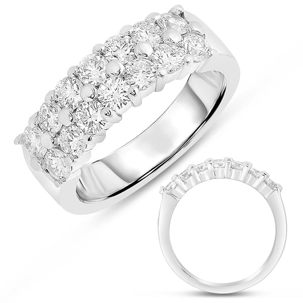 This Band is available in 14K White Gold. There are a total of 14 stones. There are Round with a total carat weight of 1.57 set in a  setting.