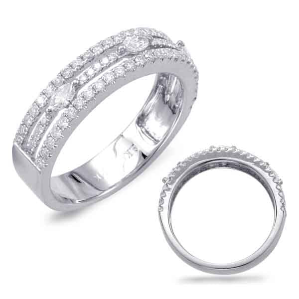 This Band is available in 14K White Gold. There are a total of 75 stones. There are Marquise with a total carat weight of 0.18 set in a  setting.There are Round stones with a total carat weight of 0.54 set in a .