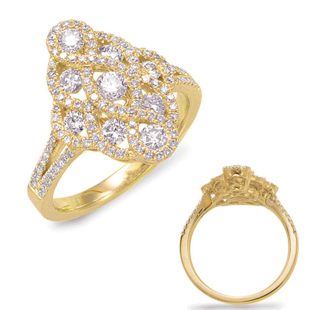 This Fashion Ring is available in 14K Yellow Gold. There are a total of 127 stones. There are Rounds with a total carat weight of 1.11 set in a Channel Set|Micro Prong setting.