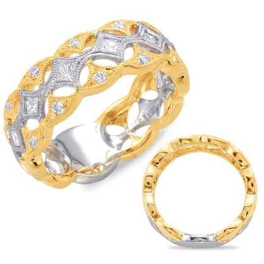 This Fashion Ring is available in 14K Yellow & White Gold. There are a total of 19 stones. There are Princess with a total carat weight of 0.3 set in a Bezel Set|Micro Pave setting.There are Rounds stones with a total carat weight of 0.12 set in a Bezel Set|Micro Pave.