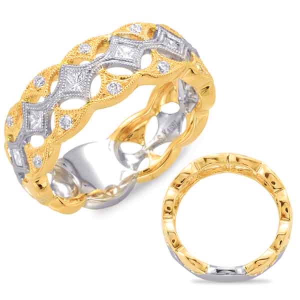 This Fashion Ring is available in 14K Yellow & White Gold. There are a total of 19 stones. There are Princess with a total carat weight of 0.3 set in a Bezel Set|Micro Pave setting.There are Rounds stones with a total carat weight of 0.12 set in a Bezel Set|Micro Pave.