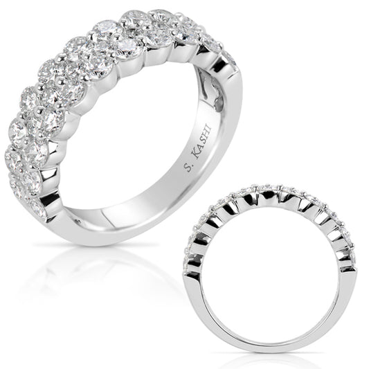 This Fashion Ring is available in 14K White Gold. There are a total of 32 stones. There are Rounds with a total carat weight of 1.68 set in a Shared Prongs setting.