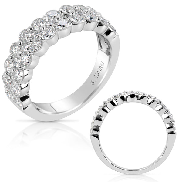 This Fashion Ring is available in 14K White Gold. There are a total of 32 stones. There are Rounds with a total carat weight of 1.68 set in a Shared Prongs setting.