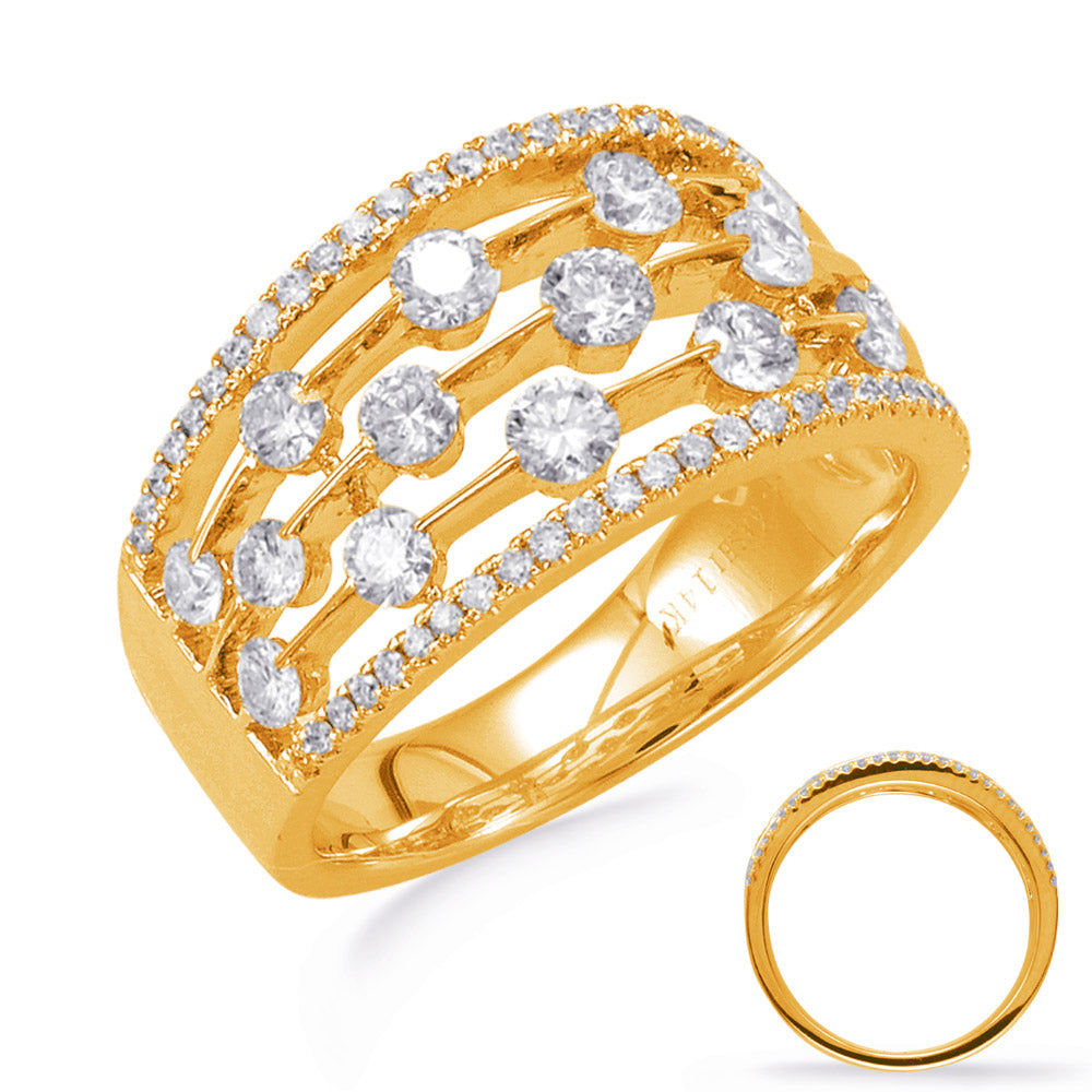 This Fashion Ring is available in 14K Yellow Gold. There are a total of 73 stones. There are Rounds with a total carat weight of 1.2 set in a  setting.