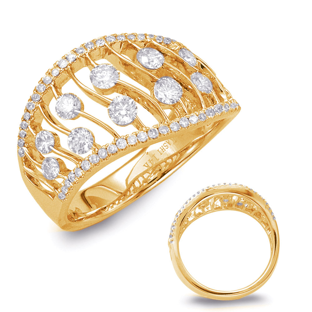 This Fashion Ring is available in 14K Yellow Gold. There are a total of 70 stones. There are Rounds with a total carat weight of 0.95 set in a Channel Set|Micro Prong setting.