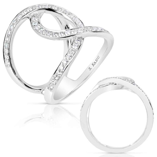 This Fashion Ring is available in 14K White Gold. There are a total of 64 stones. There are Rounds with a total carat weight of 0.66 set in a Micro Pave setting.