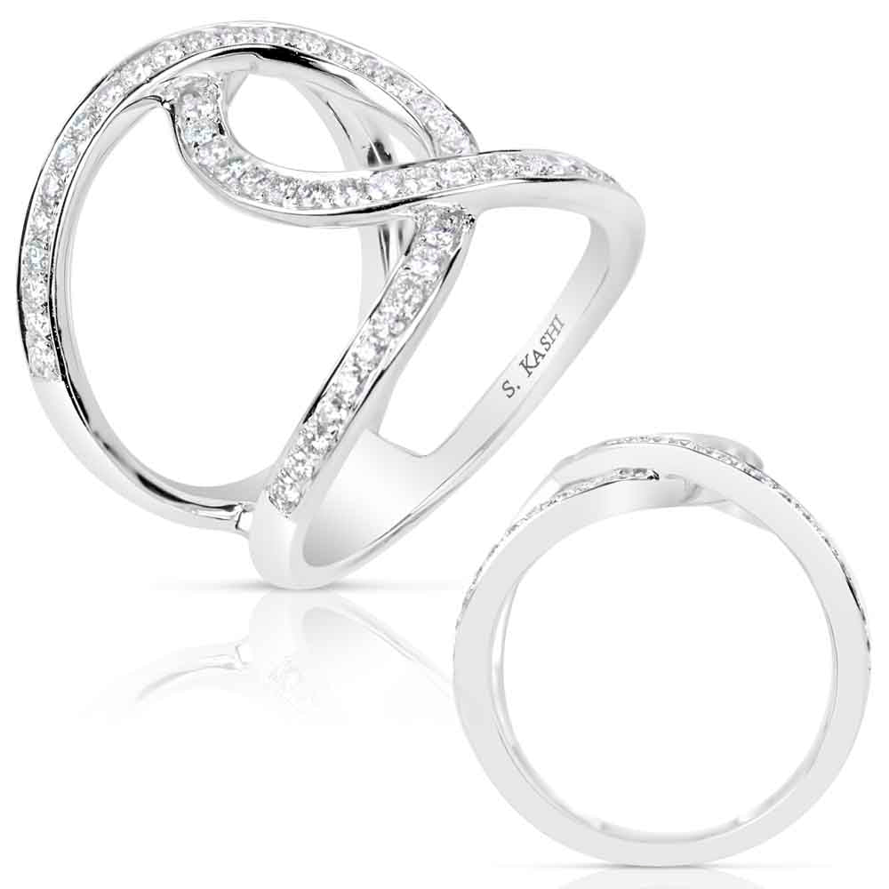 This Fashion Ring is available in 14K White Gold. There are a total of 64 stones. There are Rounds with a total carat weight of 0.66 set in a Micro Pave setting.