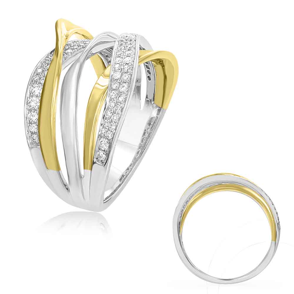 This Fashion Ring is available in 14K Yellow & White Gold. There are a total of 72 stones. There are Rounds with a total carat weight of 0.37 set in a Micro Pave setting.
