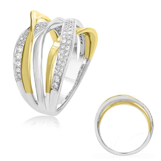 This Fashion Ring is available in 14K Yellow & White Gold. There are a total of 72 stones. There are Rounds with a total carat weight of 0.37 set in a Micro Pave setting.