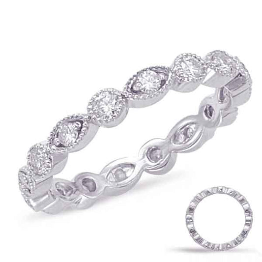 This Band is available in 14K White Gold. There are a total of 16 stones. There are Round with a total carat weight of 0.63 set in a Bezel Set|Micro Prong setting.