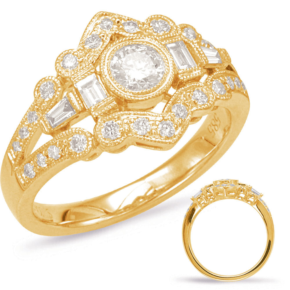 This Fashion Ring is available in 14K Yellow Gold. There are a total of 31 stones. There are Baguette with a total carat weight of 0.2 set in a Bezel Set|Micro Pave setting.There are Rounds stones with a total carat weight of 0.52 set in a Bezel Set|Micro Pave.