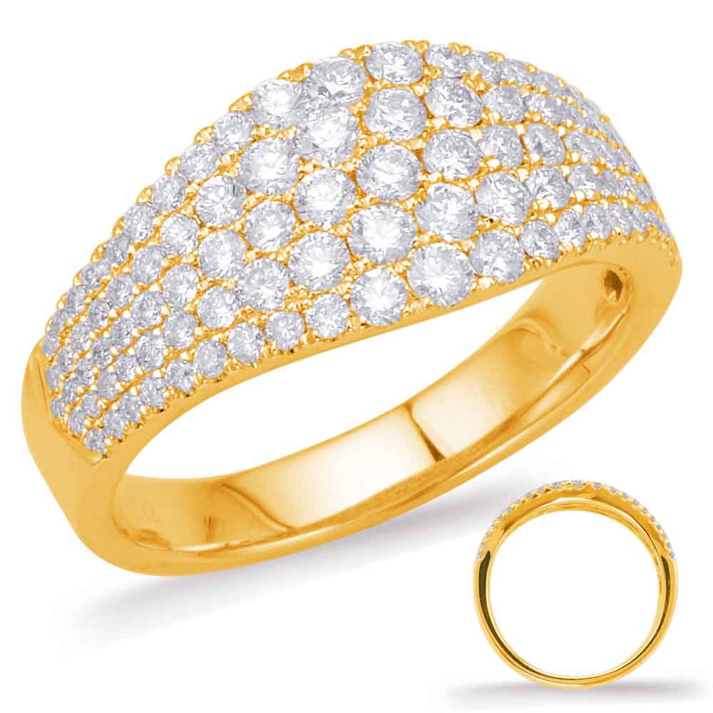 This Fashion Ring is available in 14K Yellow Gold. There are a total of 103 stones. There are Rounds with a total carat weight of 1.01 set in a Micro Pave setting.