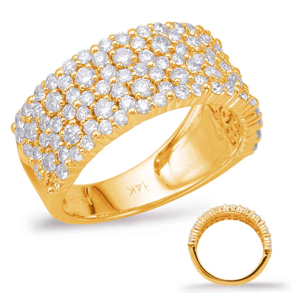 This Fashion Ring is available in 14K Yellow Gold. There are a total of 112 stones. There are Rounds with a total carat weight of 1.46 set in a Micro Prong|Prong Set setting.