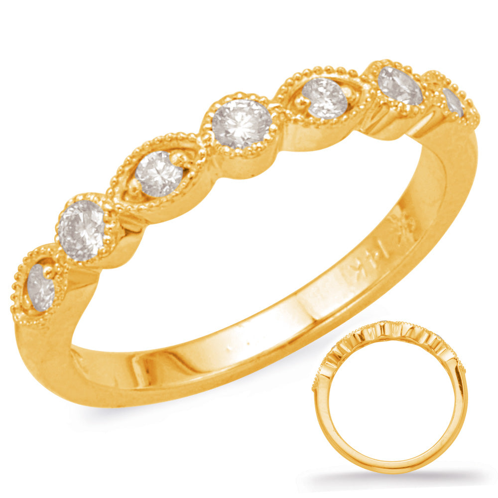 This Band is available in 14K Yellow Gold. There are a total of 7 stones. There are Round with a total carat weight of 0.27 set in a Bezel Set|Micro Prong setting.