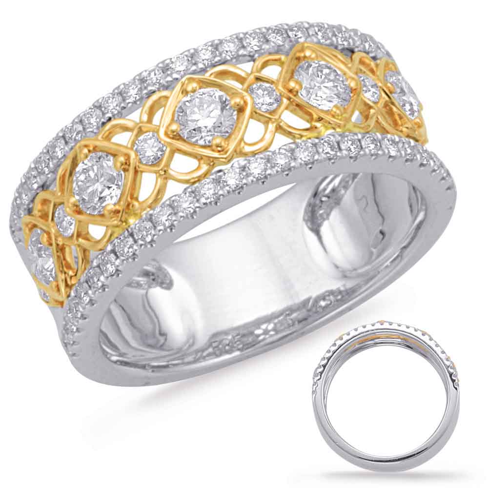 This Fashion Ring is available in 14K Yellow & White Gold. There are a total of 61 stones. There are Rounds with a total carat weight of 0.91 set in a Micro Prong|Prong Set setting.