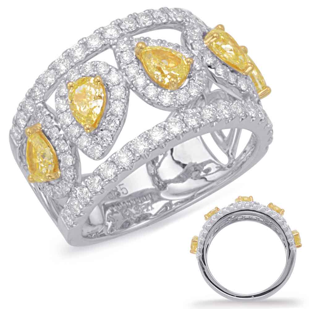 This Fashion Ring is available in 14K Yellow & White Gold. There are a total of 113 stones. There are Rounds with a total carat weight of 1.07 set in a Micro Prong|Prong Set setting.There are Yellow Diamonds stones with a total carat weight of 1.11 set in a Micro Prong|Prong Set.