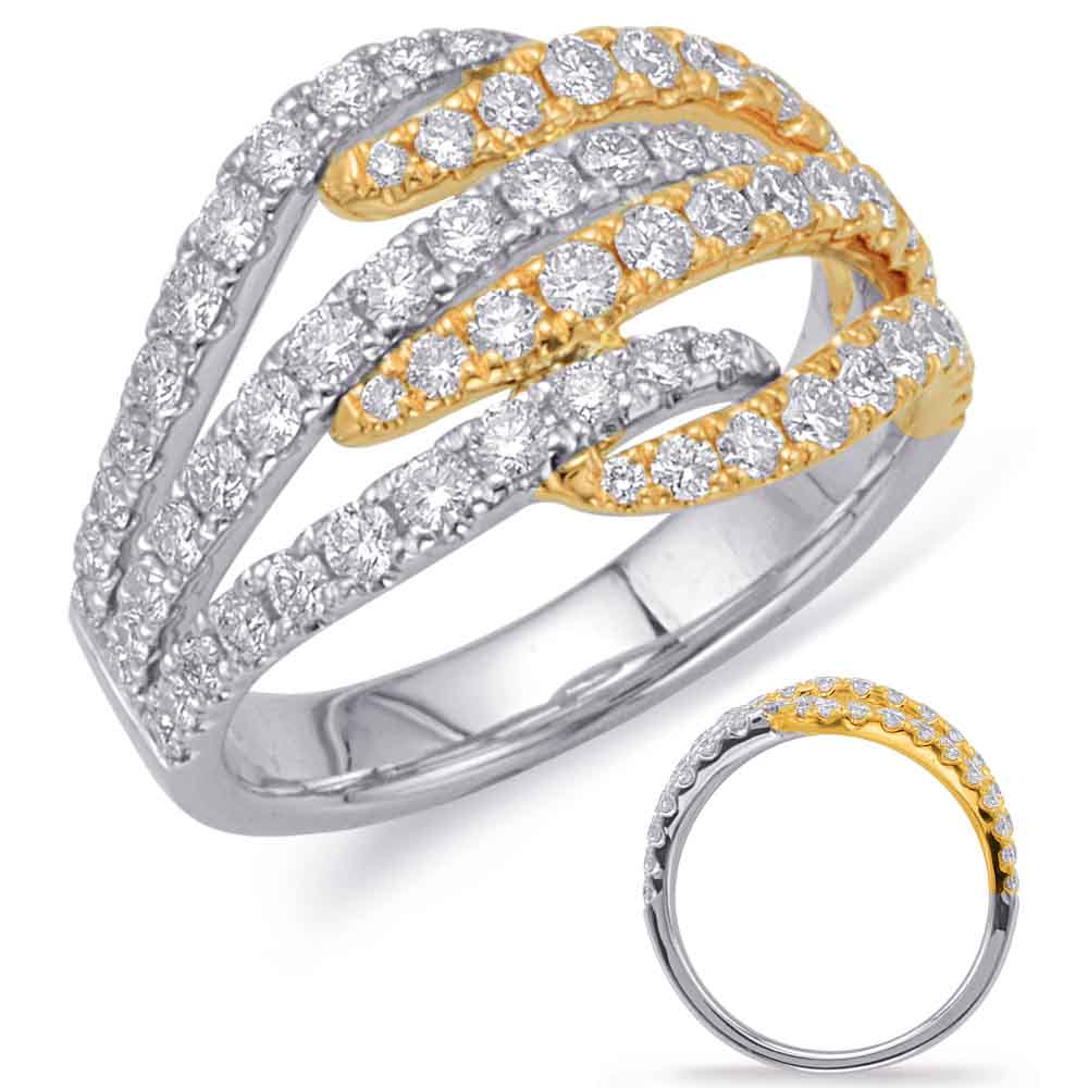 This Fashion Ring is available in 14K Yellow & White Gold. There are a total of 70 stones. There are Rounds with a total carat weight of 1.11 set in a Micro Prong setting.