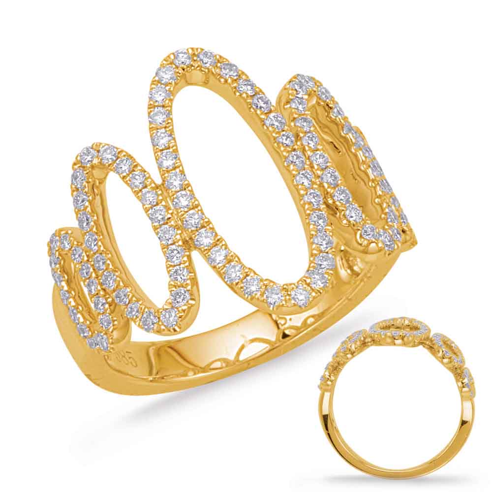 This Fashion Ring is available in 14K Yellow Gold. There are a total of 96 stones. There are Rounds with a total carat weight of 0.58 set in a Micro Prong setting.