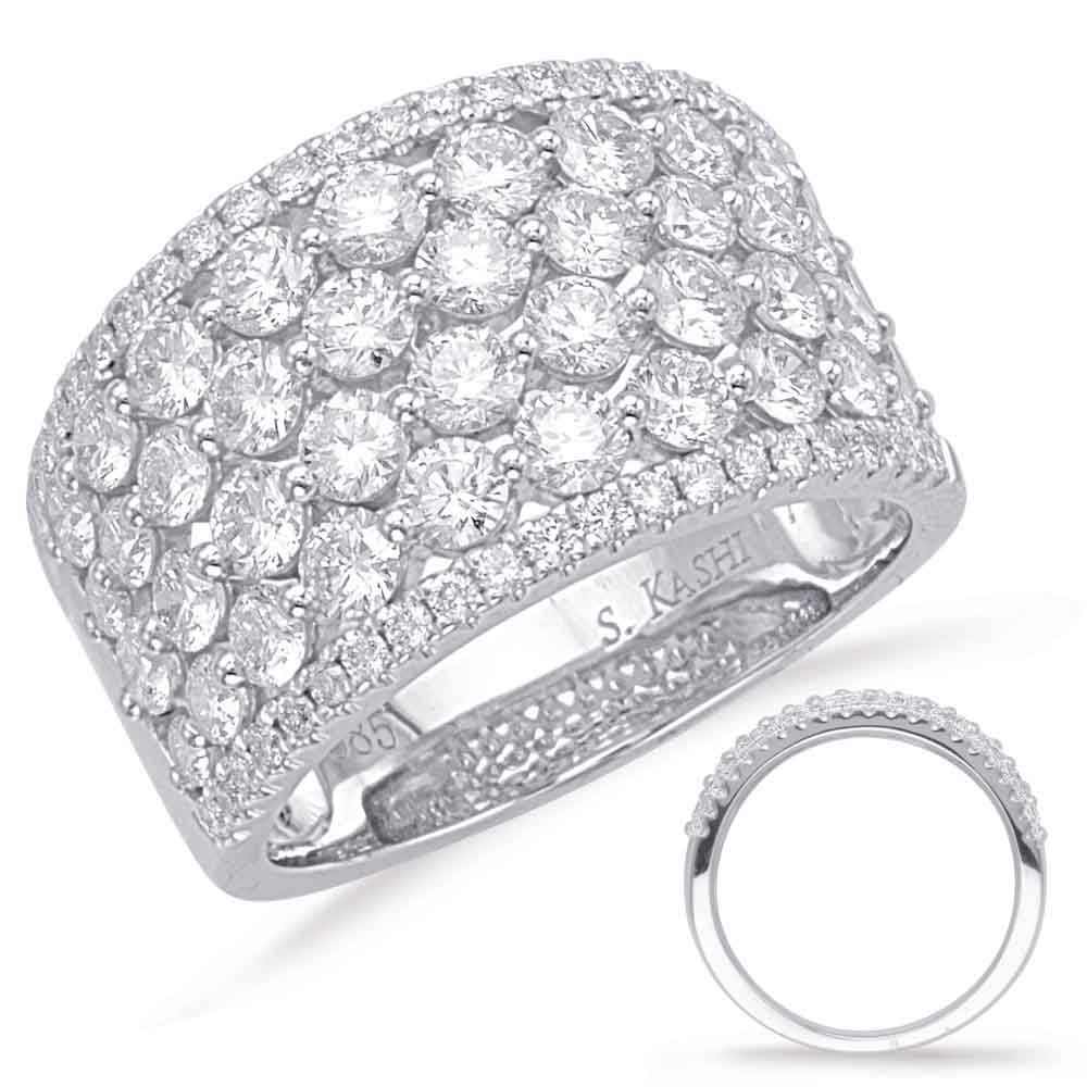 This Fashion Ring is available in 14K White Gold. There are a total of 80 stones. There are Rounds with a total carat weight of 2.47 set in a Micro Prong|Prong Set|Shared Prongs setting.