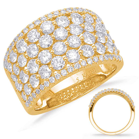 This Fashion Ring is available in 14K Yellow Gold. There are a total of 80 stones. There are Rounds with a total carat weight of 2.47 set in a Micro Prong|Prong Set|Shared Prongs setting.