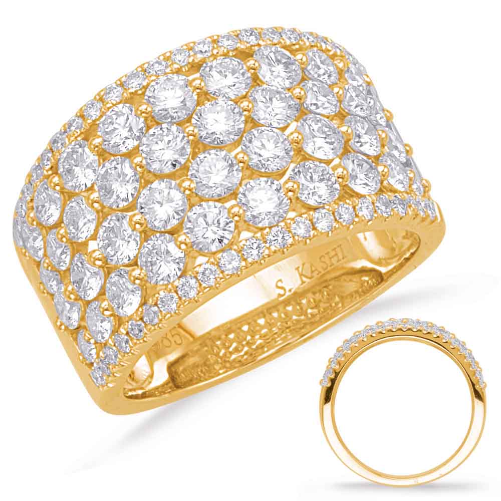 This Fashion Ring is available in 14K Yellow Gold. There are a total of 80 stones. There are Rounds with a total carat weight of 2.47 set in a Micro Prong|Prong Set|Shared Prongs setting.