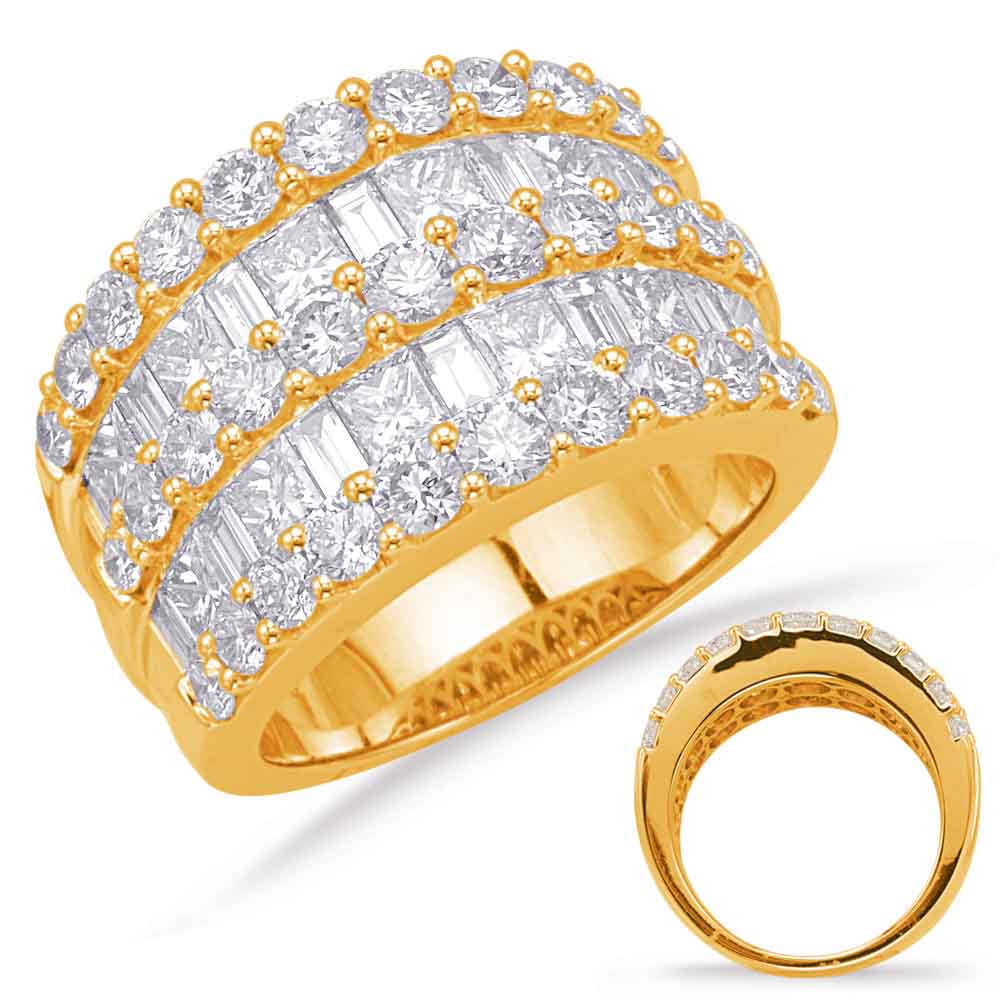 This Fashion Ring is available in 14K Yellow Gold. There are a total of 59 stones. There are Baguette with a total carat weight of 0.55 set in a Channel Set|Prong Set|Shared Prongs setting.There are Princess stones with a total carat weight of 1.38 set in a Channel Set|Prong Set|Shared Prongs.