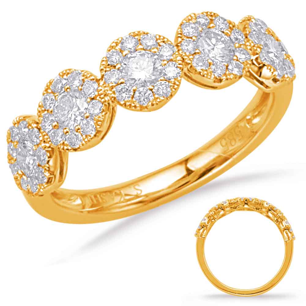 This Fashion Ring is available in 14K Yellow Gold. There are a total of 50 stones. There are Rounds with a total carat weight of 0.81 set in a Micro Prong|Prong Set setting.