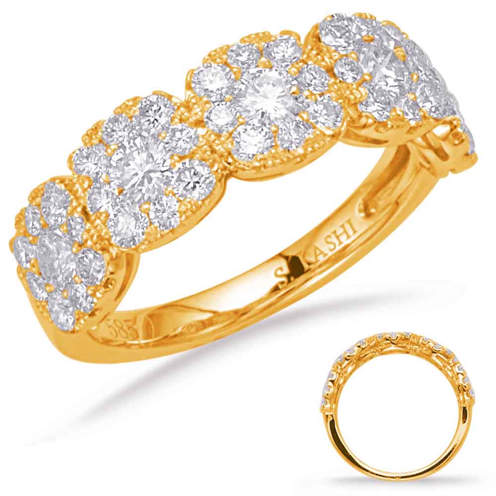 This Fashion Ring is available in 14K Yellow Gold. There are a total of 45 stones. There are Rounds with a total carat weight of 1.4 set in a Micro Prong|Prong Set setting.
