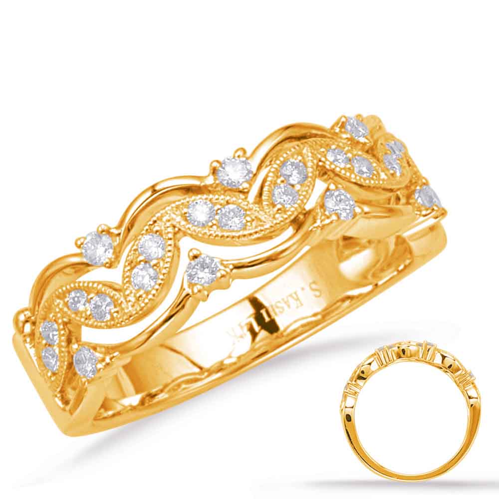 This Fashion Ring is available in 14K Yellow Gold. There are a total of 23 stones. There are Rounds with a total carat weight of 0.26 set in a Micro Prong|Prong Set|Shared Prongs setting.