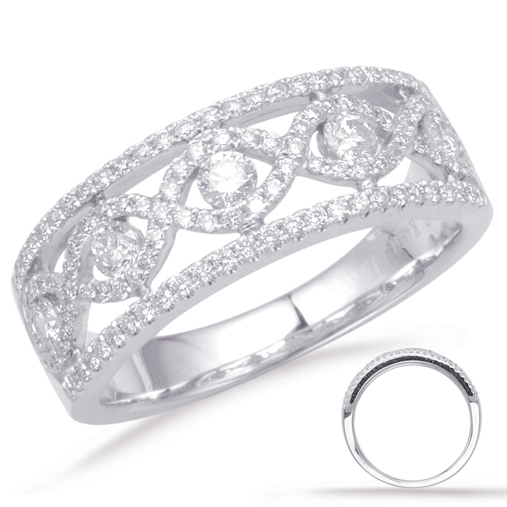 This Fashion Ring is available in 14K White Gold. There are a total of 123 stones. There are Rounds with a total carat weight of 0.66 set in a Channel Set|Micro Prong setting.