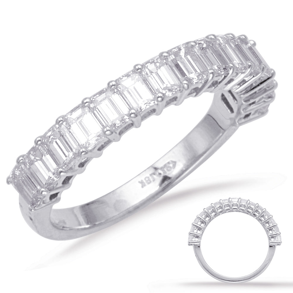This Band is available in 14K White Gold. There are a total of 15 stones. There are Emerald Cut with a total carat weight of 1.6 set in a  setting.