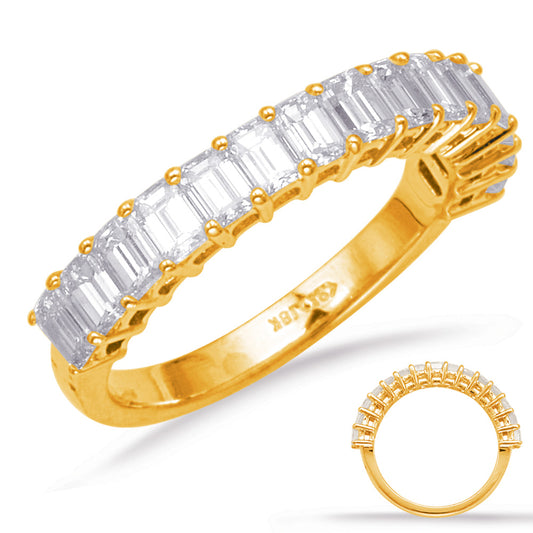 This Band is available in 14K Yellow Gold. There are a total of 15 stones. There are Emerald Cut with a total carat weight of 1.6 set in a Shared Prongs setting.