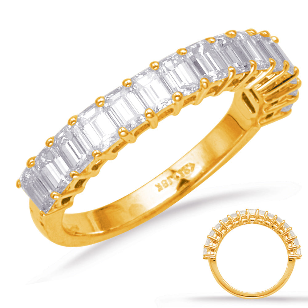 This Band is available in 14K Yellow Gold. There are a total of 15 stones. There are Emerald Cut with a total carat weight of 1.6 set in a Shared Prongs setting.