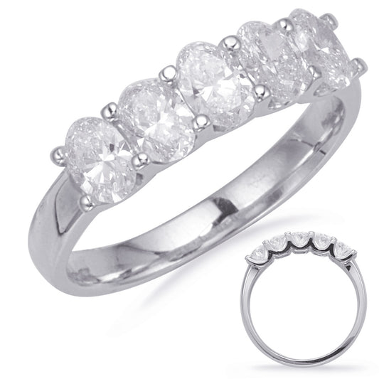This Band is available in 14K White Gold. There are a total of 5 stones. There are Oval with a total carat weight of 0.75 set in a Prong Set|Shared Prongs setting.